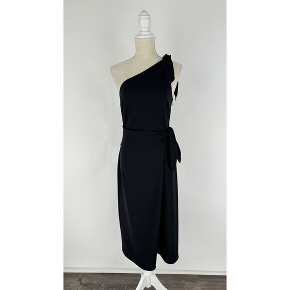 Diane Von Furstenberg One Shoulder Knot Scarf Faux Wrap Dress Womens 2 Black - Picture 1 of 10